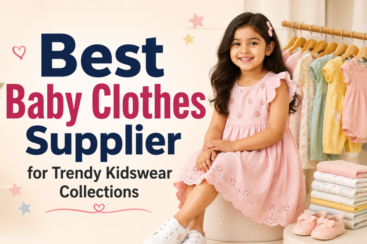 Young girl model wearing stylish pink kidswear beside trendy baby clothes collection with the title Best Baby Clothes Supplier for Trendy Kidswear Collections.