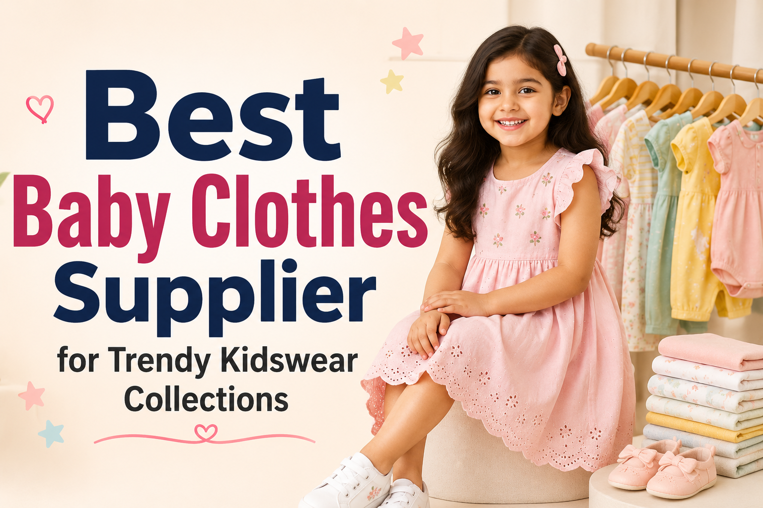 Young girl model wearing stylish pink kidswear beside trendy baby clothes collection with the title Best Baby Clothes Supplier for Trendy Kidswear Collections.