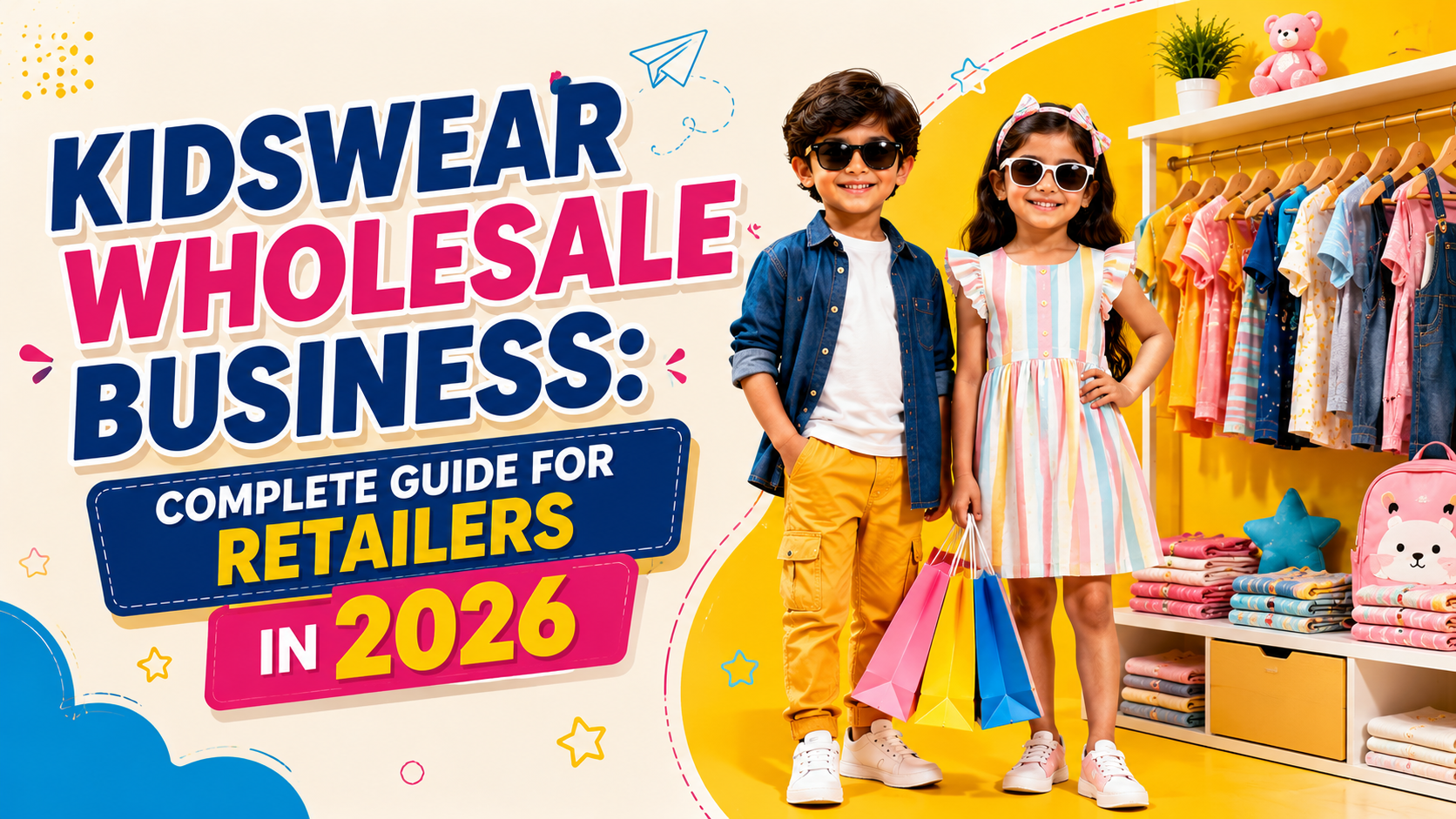 Kidswear Wholesale Business guide image with stylish kids models, trendy children’s clothing collections, and colorful kids fashion store setup for retailers in 2026.