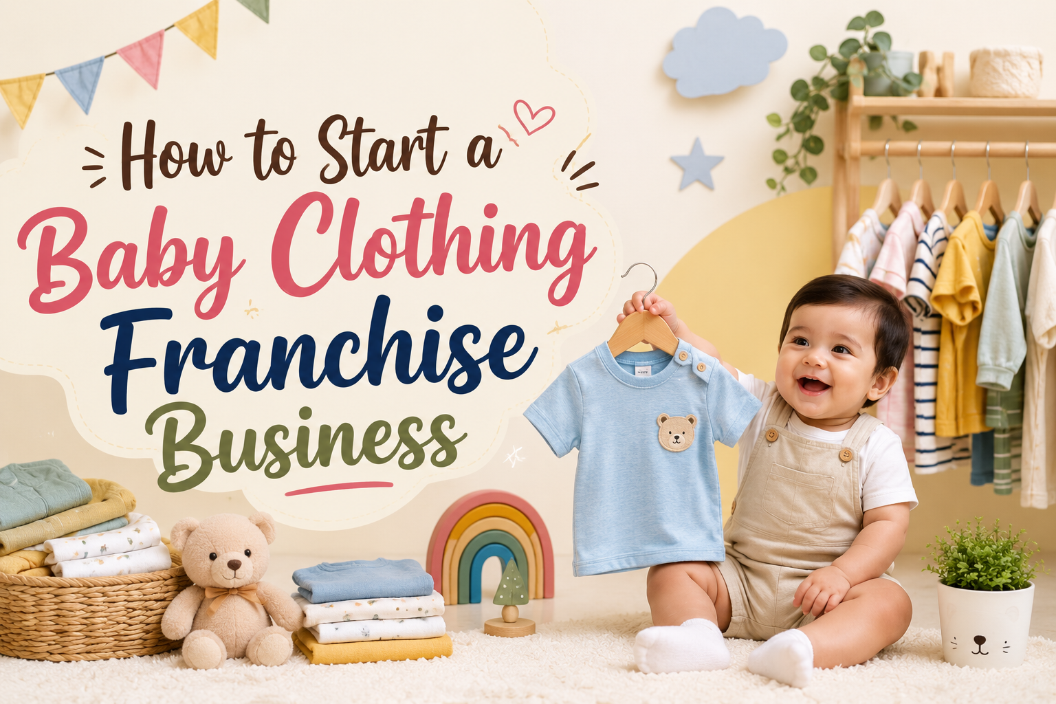 Baby Clothing Franchise Business guide featuring a happy baby, kidswear collection, and Little Wings franchise opportunity for starting a kids clothing store in India.