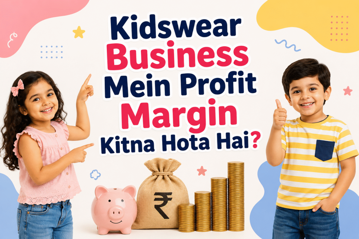 Kidswear Business Mein Profit Margin Kitna Hota Hai? blog thumbnail with happy kids, money bag, coin stacks, and piggy bank representing kidswear business profit.
