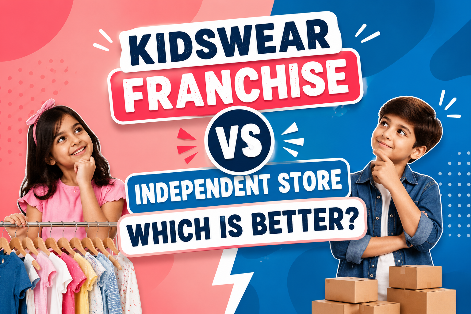 Kidswear Franchise vs Independent Store comparison image showing two business options for starting a kidswear business in India.