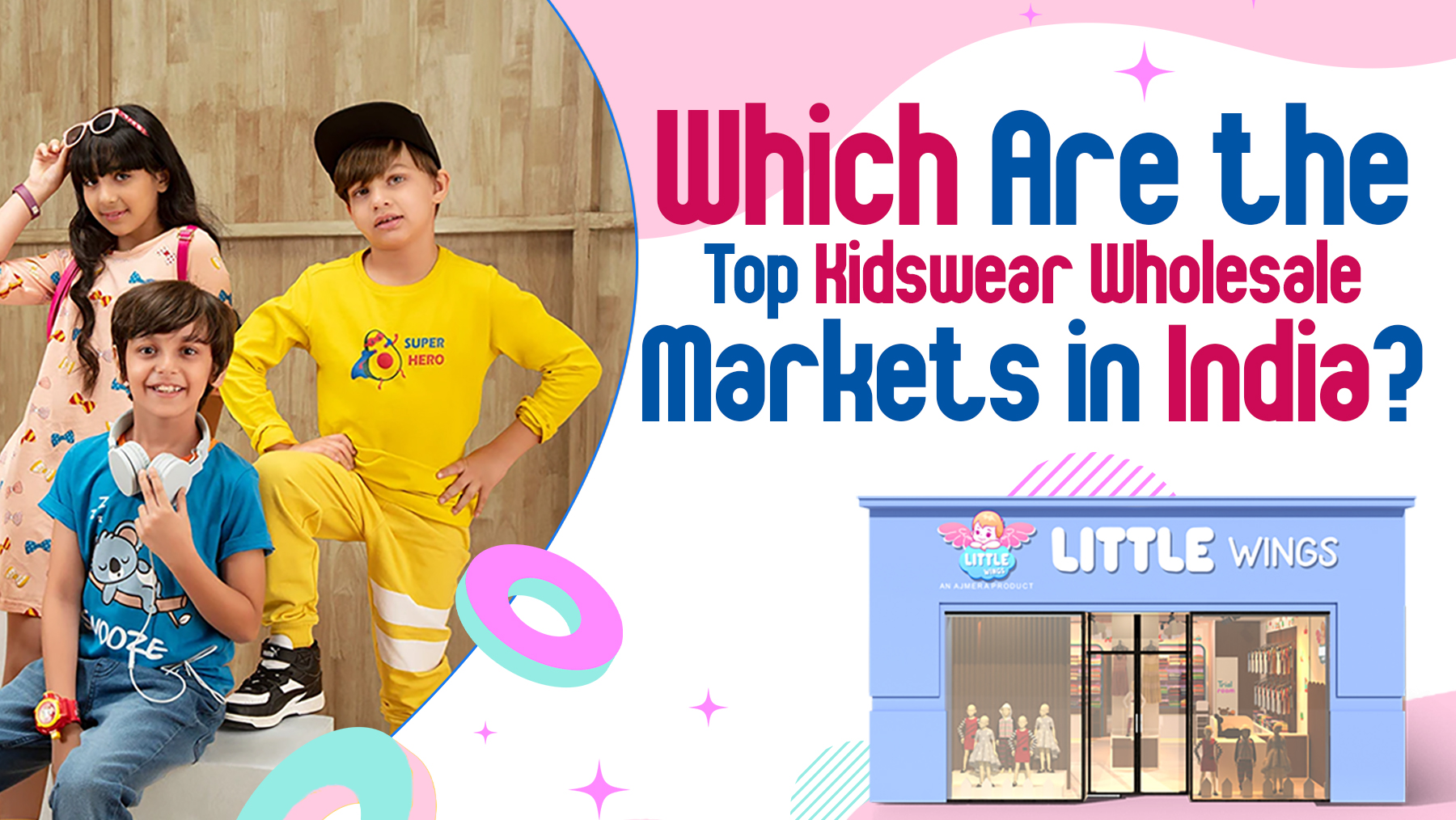Kidswear Wholesale Markets in India with children wearing stylish clothes and Little Wings kidswear store