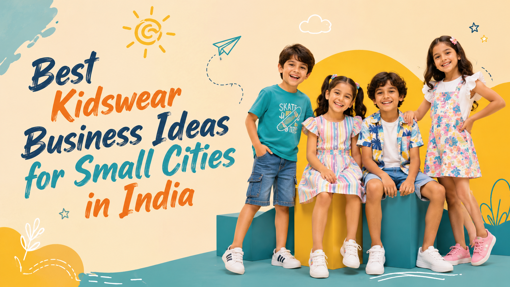 Best Kidswear Business Ideas in India for Small Cities featuring happy children wearing stylish and colorful kidswear, representing profitable business opportunities for entrepreneurs.
