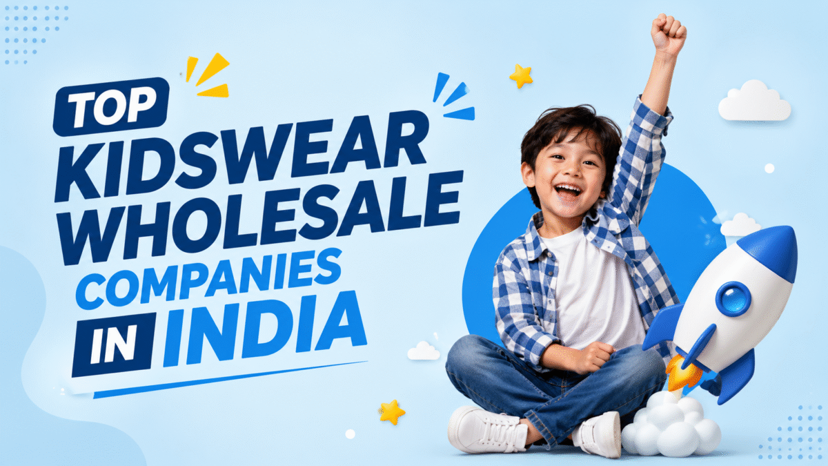Top Kidswear Wholesale Companies in India banner with a happy child and colorful kidswear theme by Little Wings.