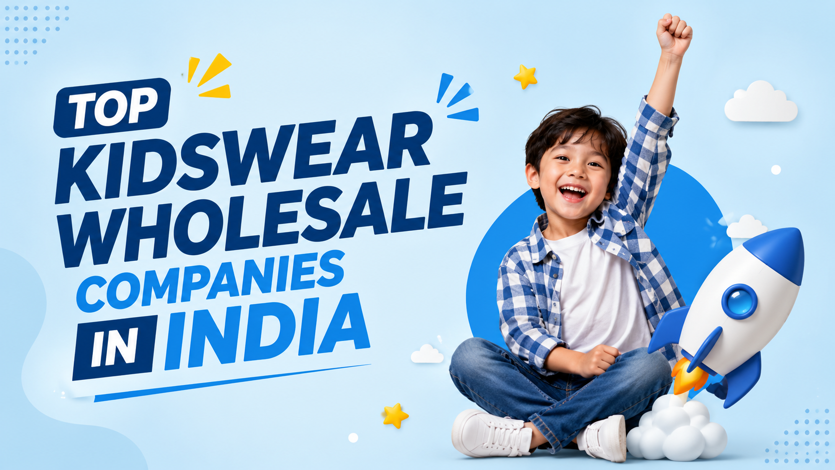 Top Kidswear Wholesale Companies in India banner with a happy child and colorful kidswear theme by Little Wings.